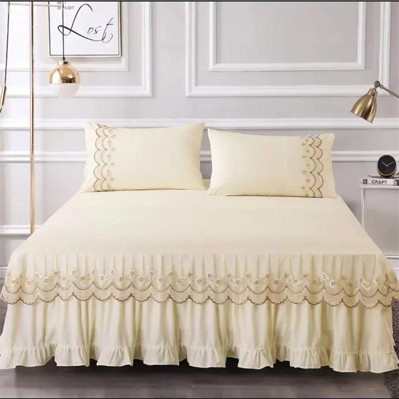 3pcs Bed Skirt Set with Ruffle Lace Anti Slip 1 8x2 0m Bed Cover Solid Mattress Dust Cover Pillowcase