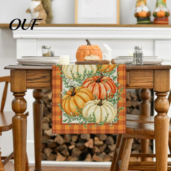 Скатерть-дорожка для столовой, Thanksgiving Harvest Runner, Лен с принтом Осенние тыквы и кленовые листья, Длинный флаг, Сезонное декоративное украшение для дома