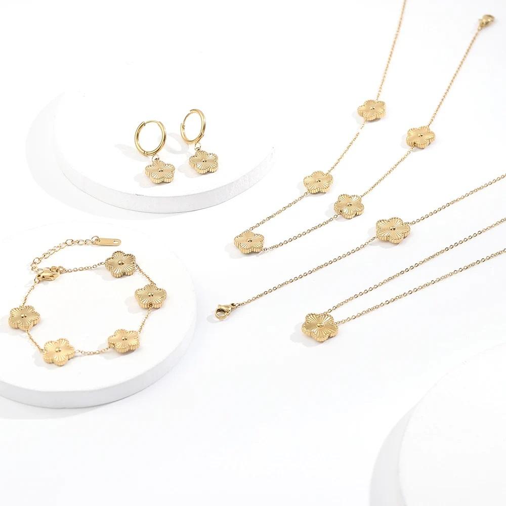Plum Blossom Metal Laser Five Leaf Flower Bracelet Necklace Earrings for Women Gift Fashion Stainless Steel Clover Jewelry Set