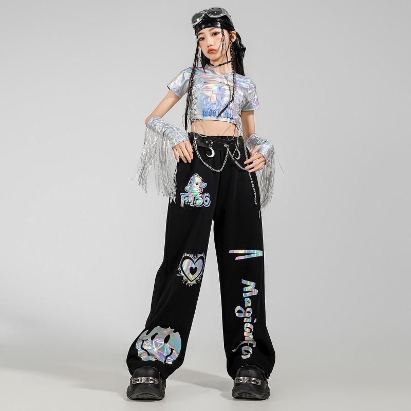 Girls Jazz Dance Outfit Short Sleeve Crop Top Reflective Print Pants Set Stage Performance Street Show