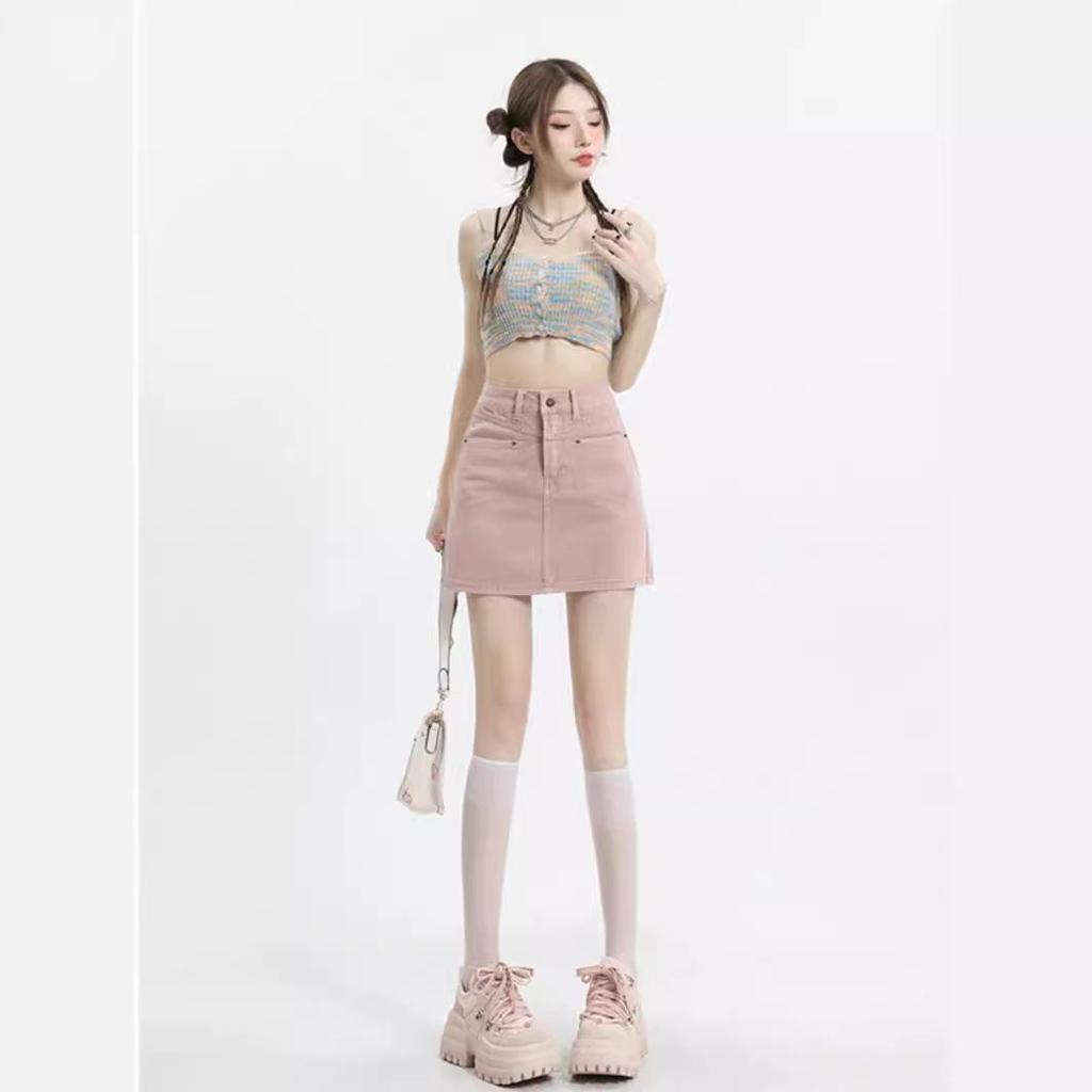 Women's Summer Dirty Pink High Waist Denim A-Line Skirt - Slim Fit, Anti-Exposure, Non-Elastic.