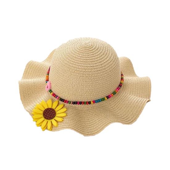 Шляпа от солнца для мальчиков и девочек, солнцезащитный дизайн, дышащая пляжная шляпа, волнистые поля, желтые цветы, бусины, плетеная соломенная шляпа