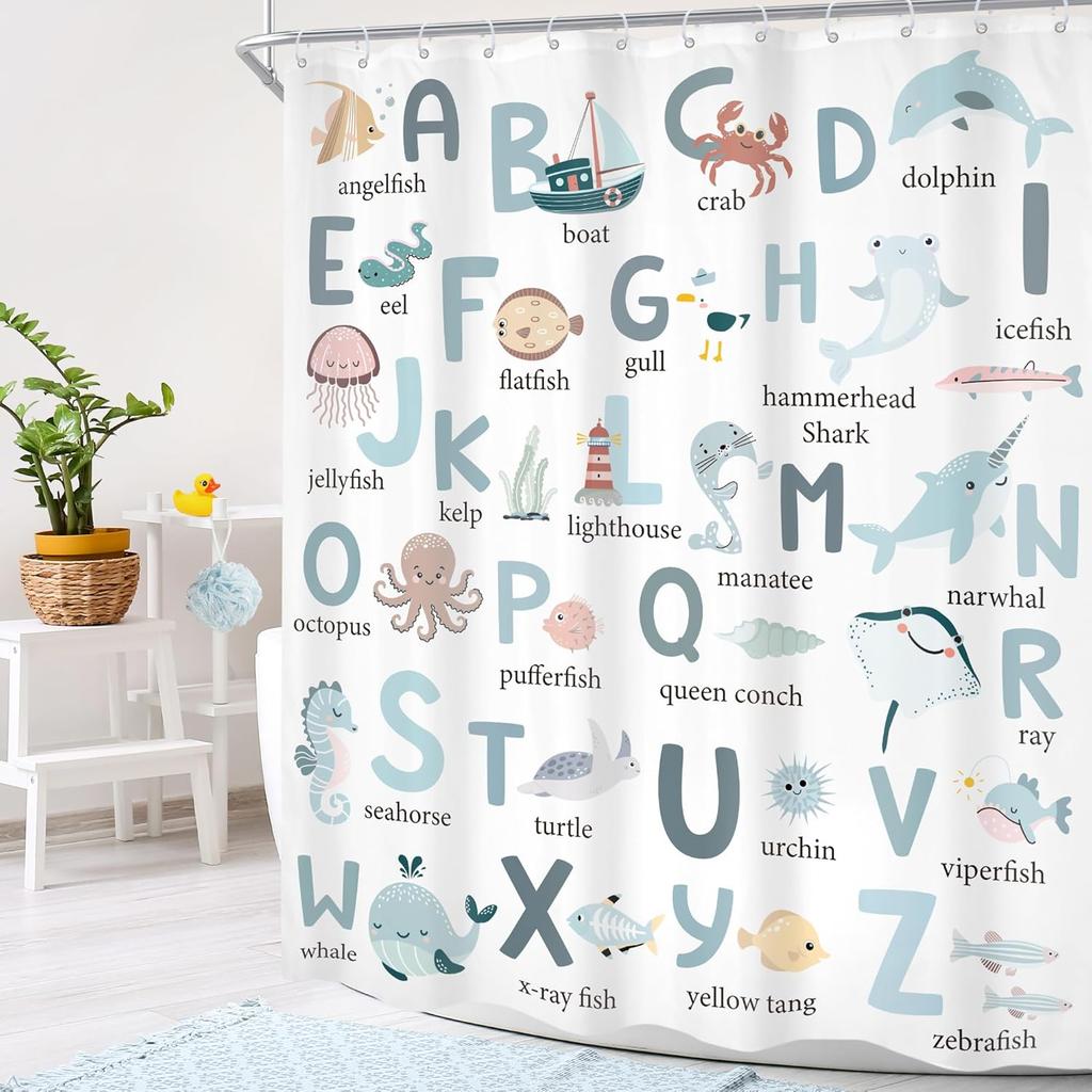Kids Shower Curtain Cute Cartoon Alphabet ABC Sea Animal Blue Educational Ocean Bathroom Curtain Set Baby Boys Girls BathCurtain