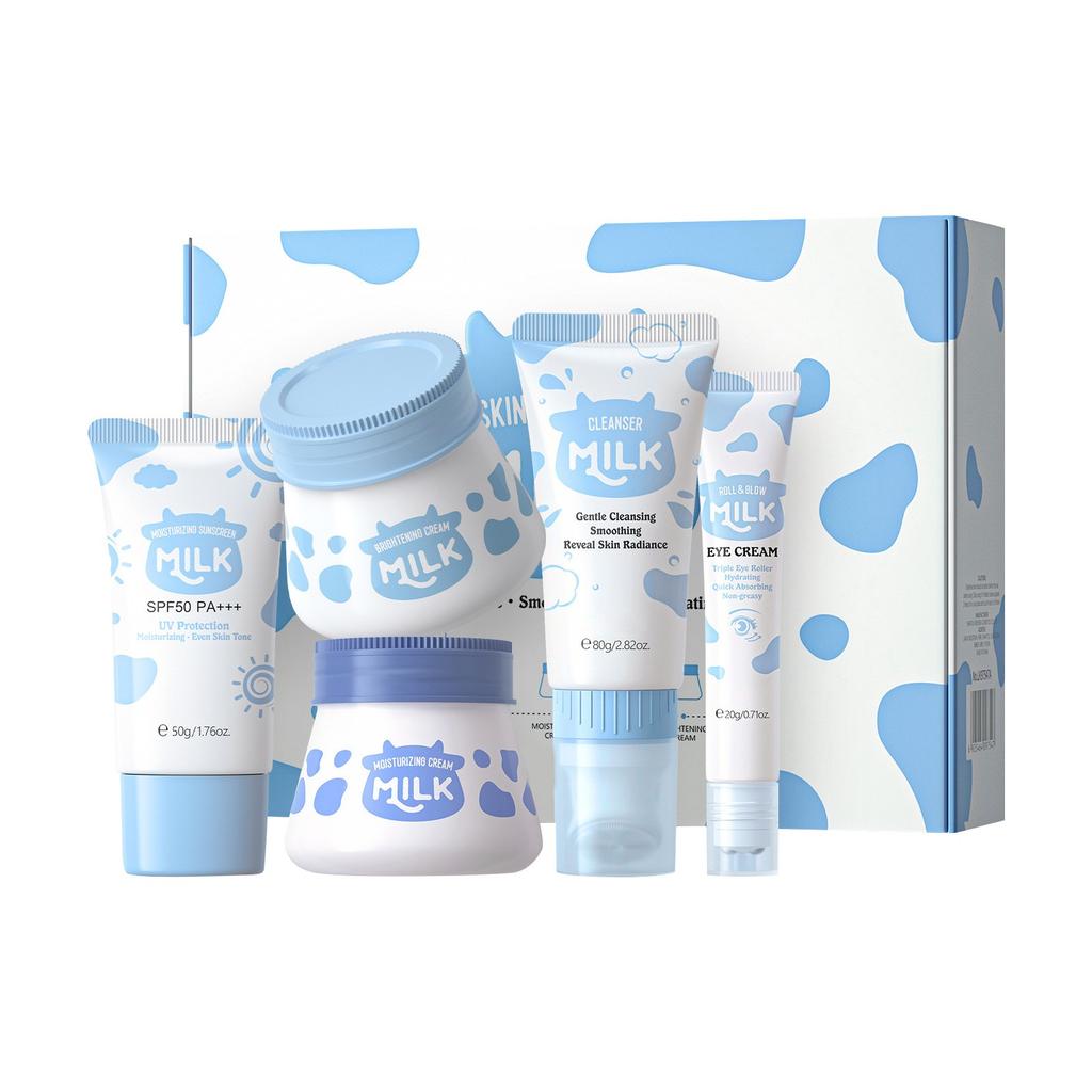 Facial Care Set, Milk Skin Care Set 5 Piece Set Deep Moisturizing And Rejuvenation Set Cream Cleanser Serum
