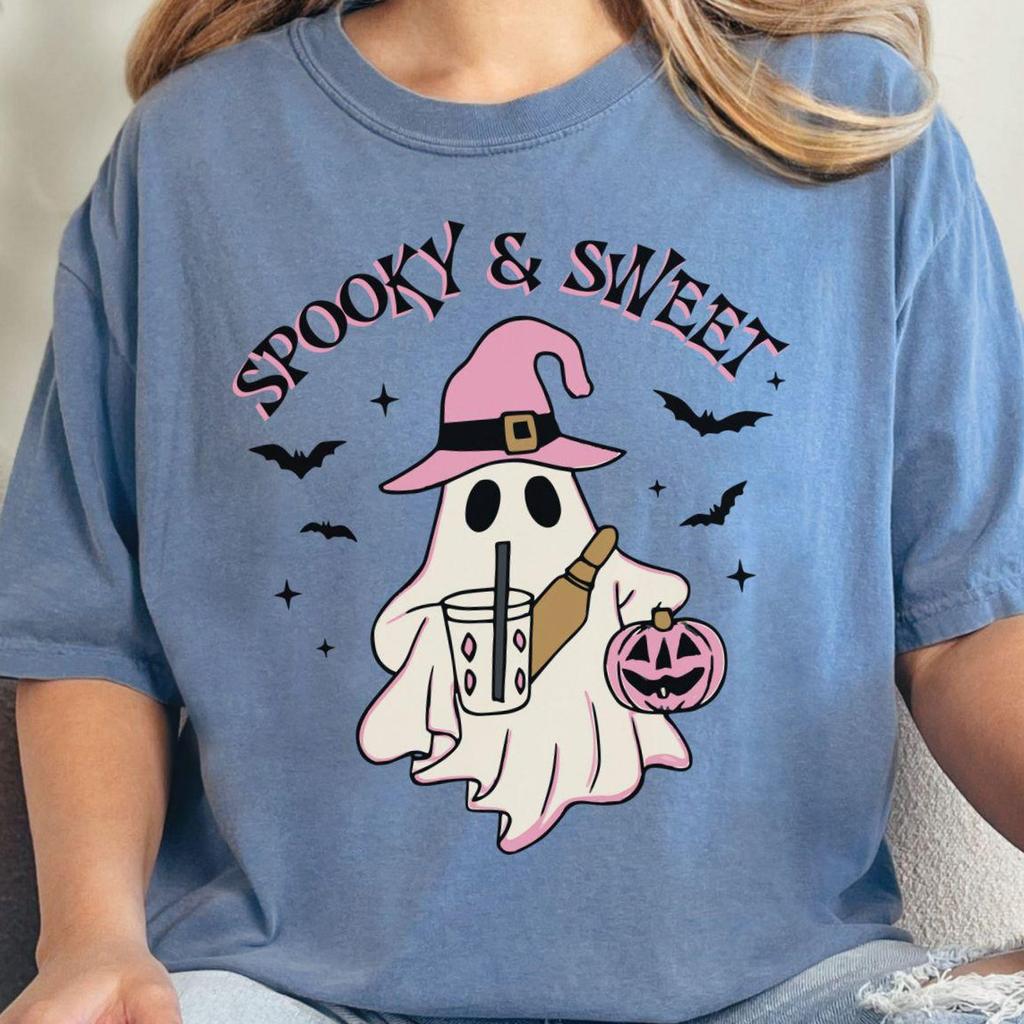 Pink Coquette Ghost T-Shirt and kids tshirt: Spooky Halloween Coffee Lover