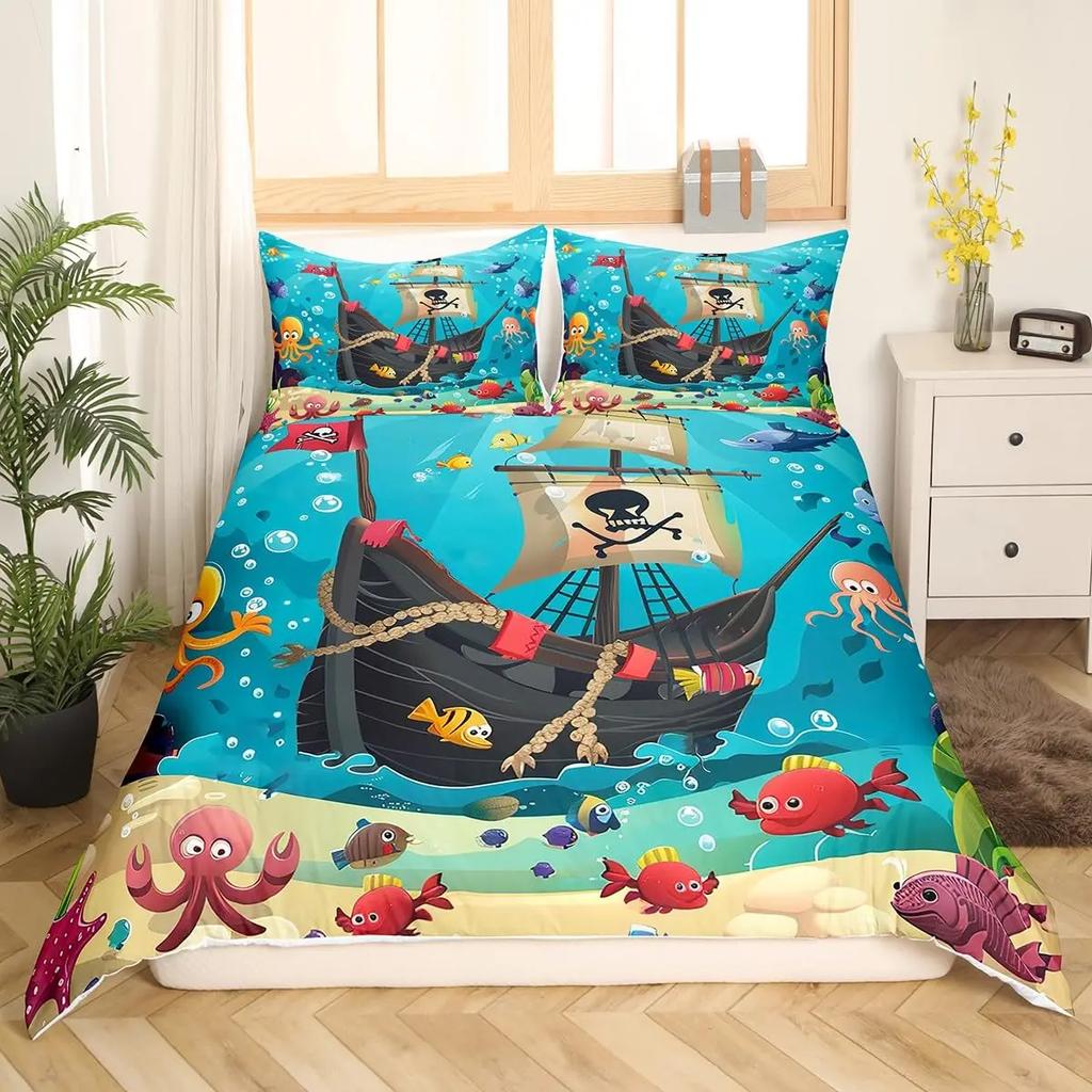 Комплекты пододеяльников с пиратским черепом для мальчиков, детей, мужчин, подростков, размера «queen», легкие комплекты постельного белья, морской комплект постельного белья, декор для спальни, без одеяла