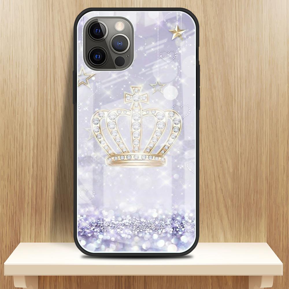 Стеклянный чехол с принтом алмазной короны для iPhone 11 13 12 14 Pro XR X XS Max 7 8 6 6S Plus SE 2020, чехлы для телефонов с закаленным черным краем