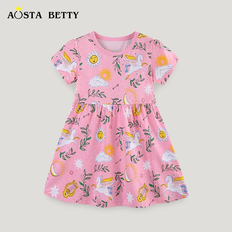 Girls Short Sleeve Dress Cartoon Unicorn Print Princess Style 2-7Y Kids