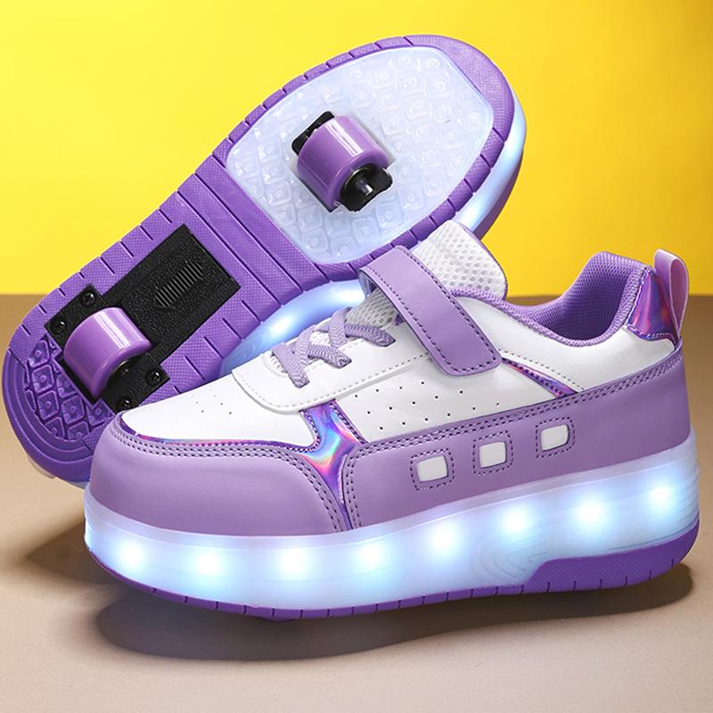 Светящиеся кроссовки для мальчиков Спортивная обувь Обувь для трения Твердая волшебная заплатка Может заряжаться Двухрядные скользящие тапочки с колесами