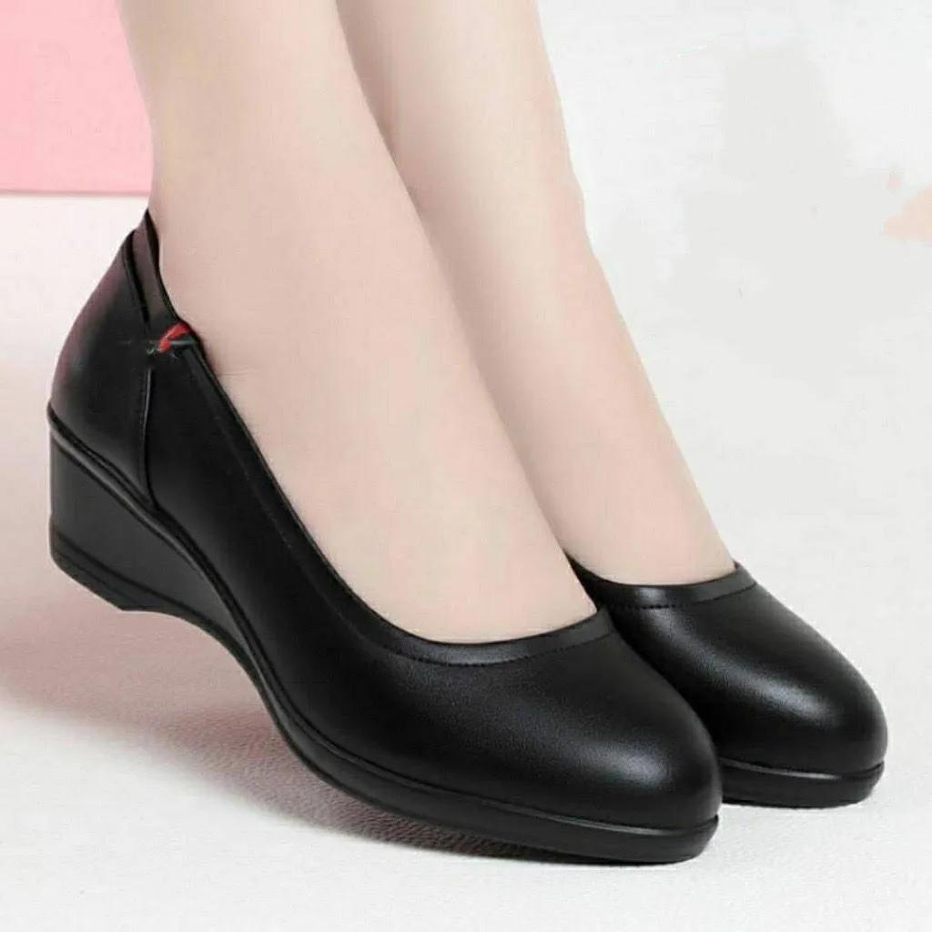 Women Cute Round Toe High Quality Patent Leather Spring Slip On Wedge Heel Shoes Lady Classic Student School Wine Red Shoes Ga07