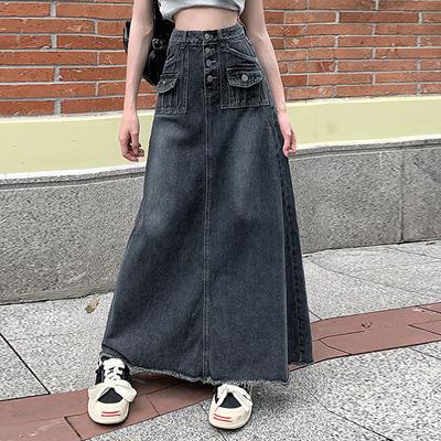 Джинсовая юбка с высокой талией и краями для женщин, свободная длинная юбка большого размера в стиле ретро