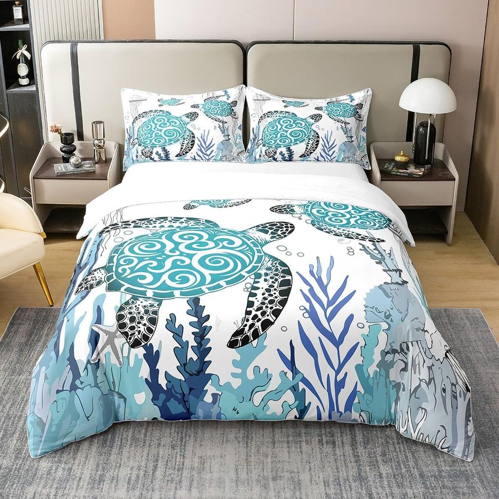 Kids Sea Turtle Duvet Cover Set Queen King Size Ocean Bedding Set Boys Girls Teens Women Men Bedroom Decor 3 Piece Set