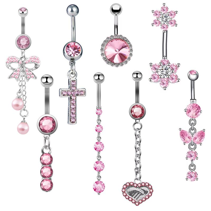 Stainless Steel Belly Button Ring Sexy Drop Dangle Body Piercing Jewelry For Women Girls Pink Zircon Navel Rings Gifts