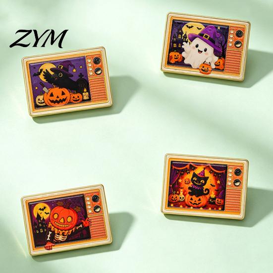 Collectable Metal Brooch Retro TV for Halloween, Pumpkin Ghost Black Cat Crow Cartoon Pin Badge, Holiday Lapel Sweaters Jackets Scarves Decoration