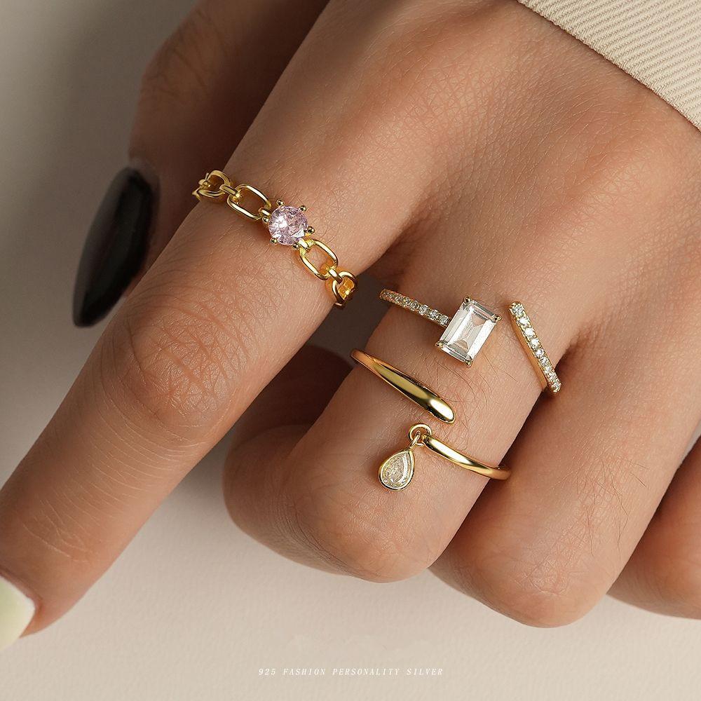 925 Sterling Silver Geometric Water Droplet Zircon Open Ring for Women Fashionable Exquisite Jewelry Gifts