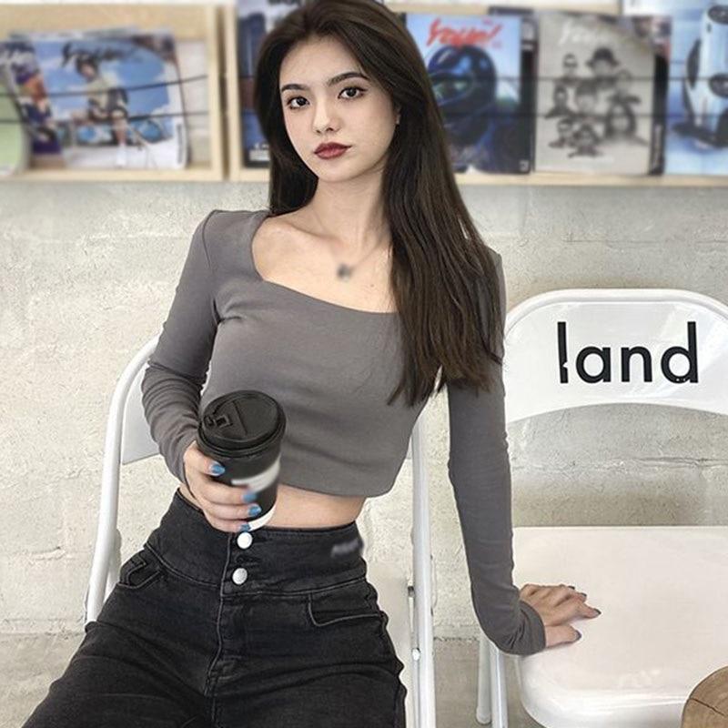 Корейская футболка с квадратным воротником, женская весенне-осенняя повседневная тонкая футболка с длинным рукавом и открытым пупком, топ