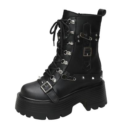 Модные женские осенне-зимние теплые плюшевые панковские ботинки, модные массивные кожаные кроссовки, 9 см, клиновидные, с заклепками, на платформе, с пряжкой, мотоциклетные ботильоны