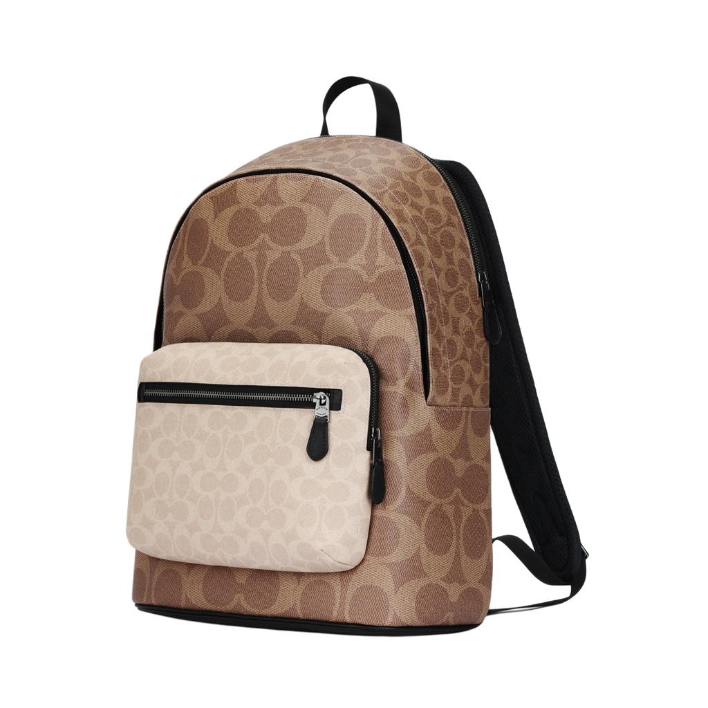 Coach Brown & Beige Signature Canvas Large Backpack with Colorblock Pocket for Daily Use
