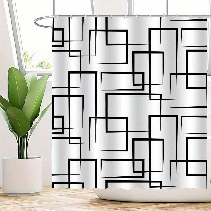 Minimalist Modern Black & White Geometric Shower Curtain, Elegant Bathroom Decor, Box Line Design, High-End Polyester Fabric