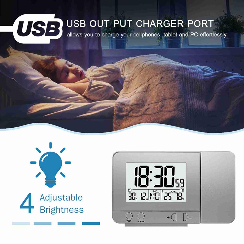 Projection Alarm Clock for Bedroom with Thermometer Hygrometer Digital Project Ceiling Clock Dimmable LED Display 180°Rotable
