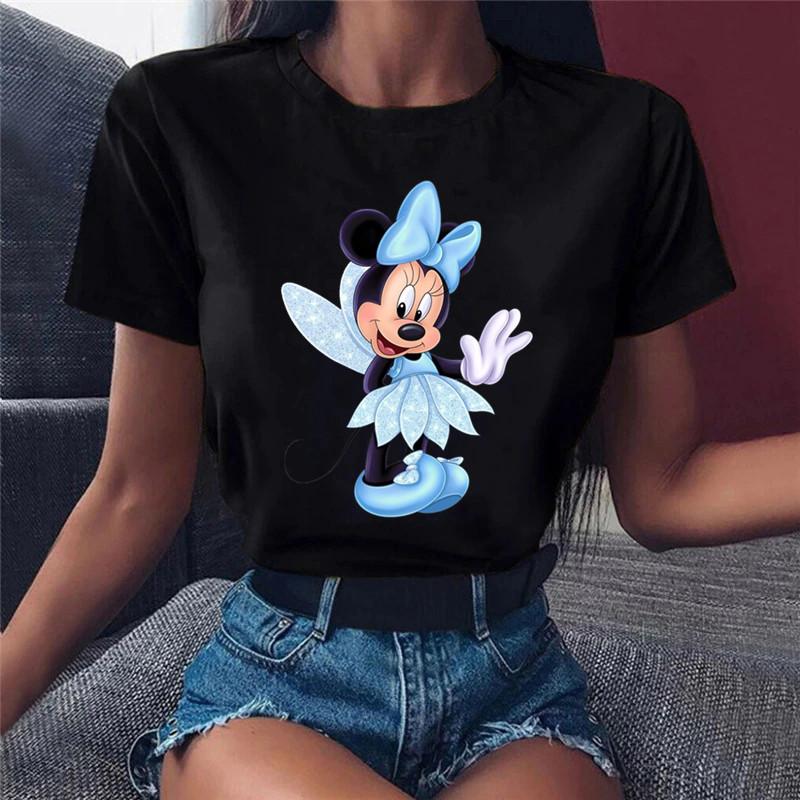 Unisex Pink Minnie Mouse Print T-Shirt Black Tops Summer Short Sleeve T-shirt Casual O-neck Tees Tshirt