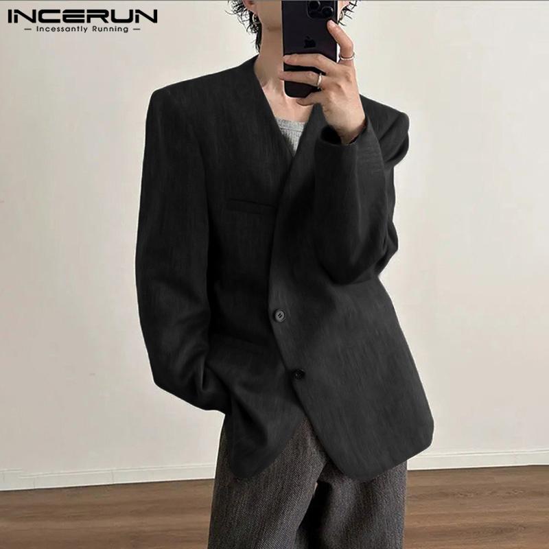 INCERUN Мужские тонкие пиджаки без воротника с длинным рукавом на одной пуговице