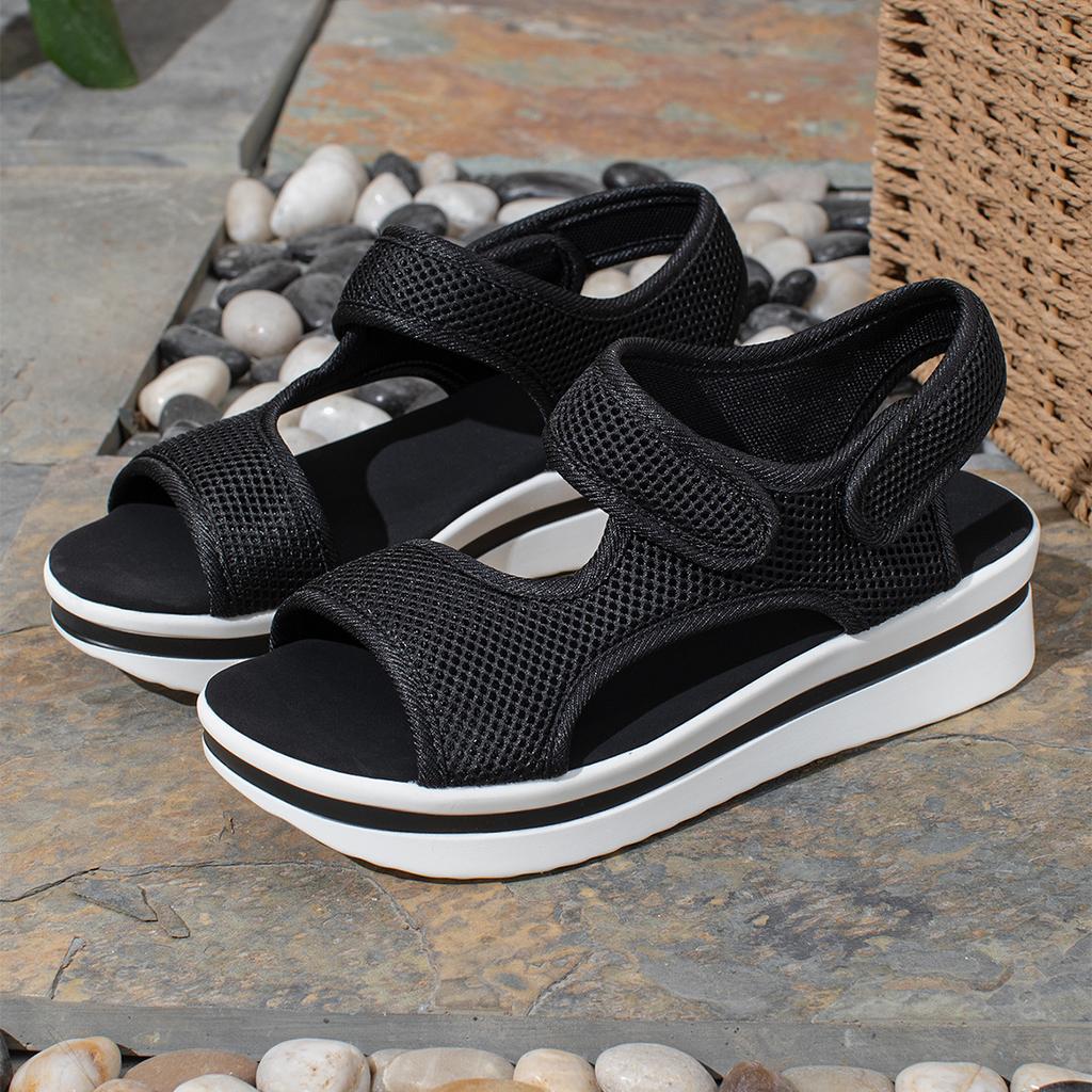 Сандалии большого размера на толстой подошве, новые летние пляжные сандалии с плоской подошвой на липучках, однотонные тканевые