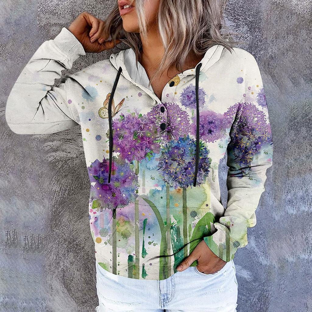 Женский повседневный модный пуловер с длинным рукавом и цветочным принтом, топ с капюшоном