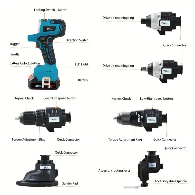 18V 12 в 1 бесщеточный многофункциональный набор инструментов, включает: дрель, ударная дрель, циркулярная пила, сабельная пила, отвертка, кусторез