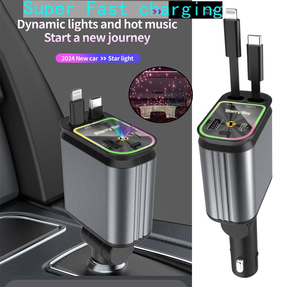Автомобильное зарядное устройство Starlight 66 Вт USB C Адаптер автомобильного зарядного устройства 4 в 1 Выдвижные 2 USB-порта Быстрое автомобильное зарядное устройство для iPhone 16/15/14/13
