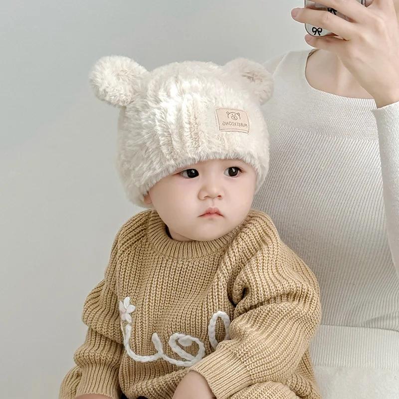 1 Piece Warm New Newborn Beanie for Boy Girl Cute Cartoon Bear Furry Knited Hat Sweet Autumn Winter Warm Plush Crochet Bonnet