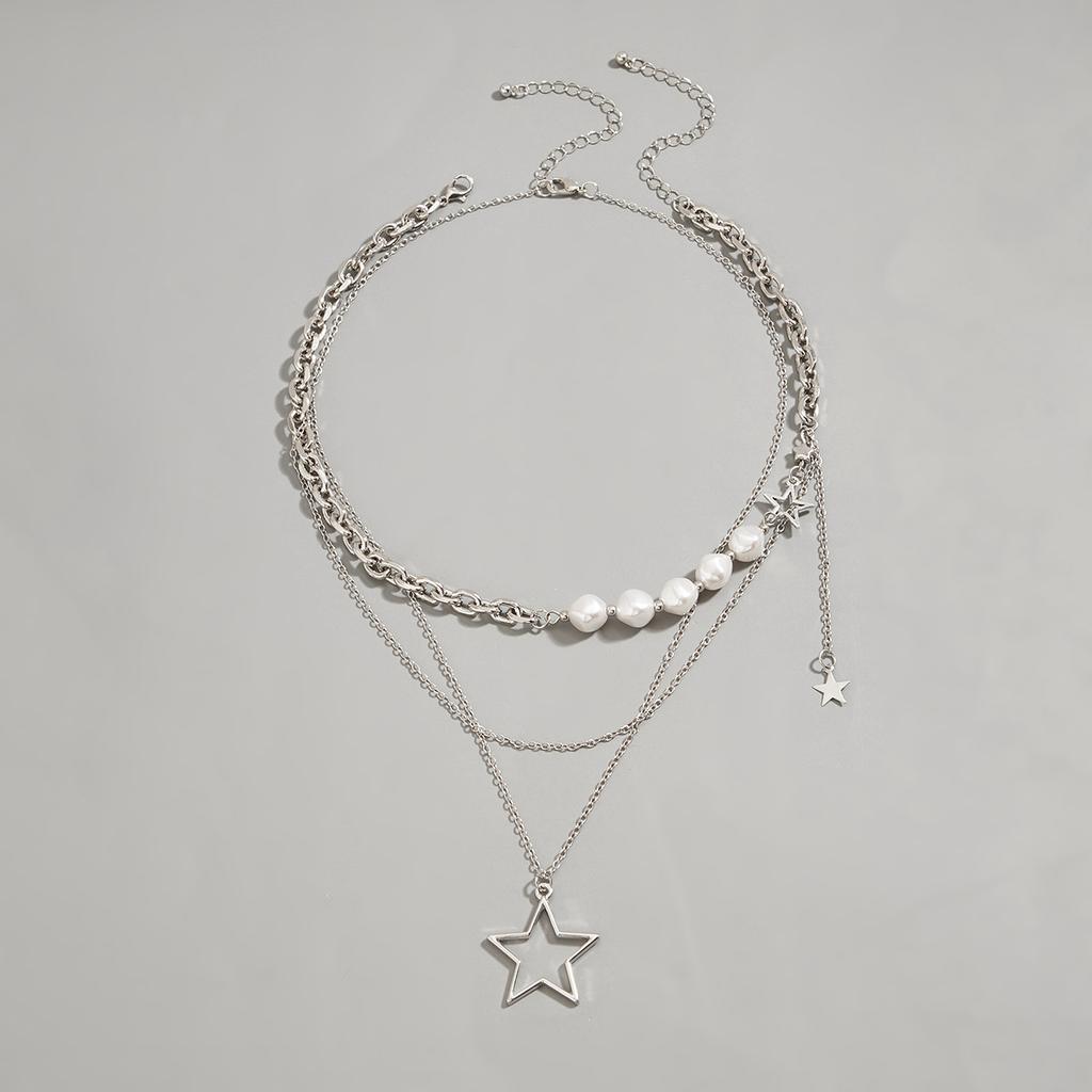 European and American Jewelry, Simple Five-pointed Star Fringed Set, Female Necklace, Retro Star Round Bead Necklace.