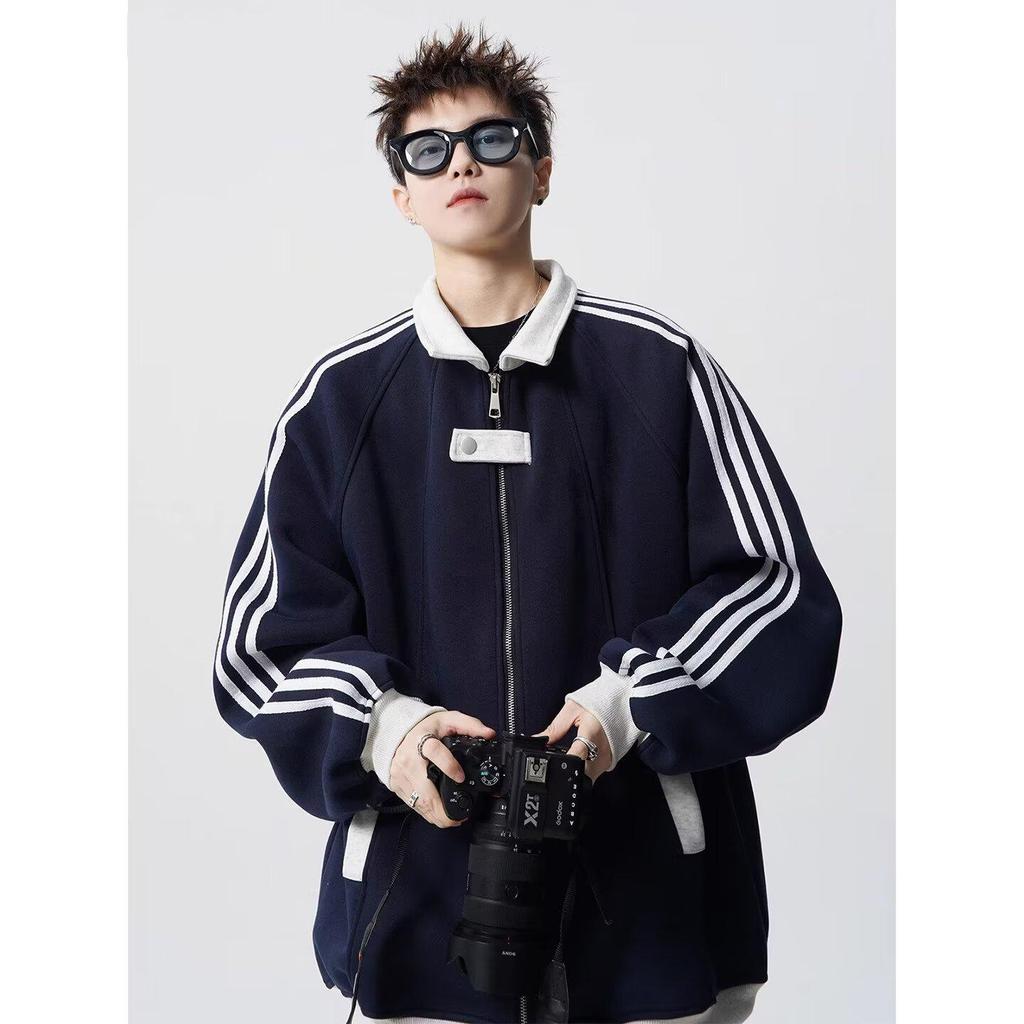 Unisex American Color Block Striped Hoodie, Heavyweight Baseball Jacket-Style Cardigan for Spring/Autumn