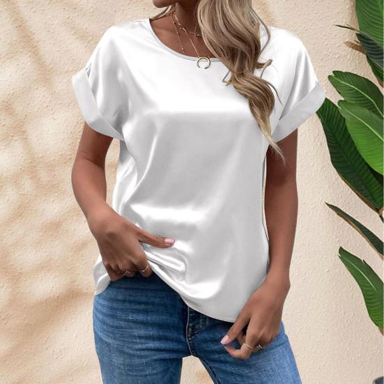 O-Neck Short Sleeve Loose Fit Women T-shirt Solid Color Smooth Satin Tops Streetwear