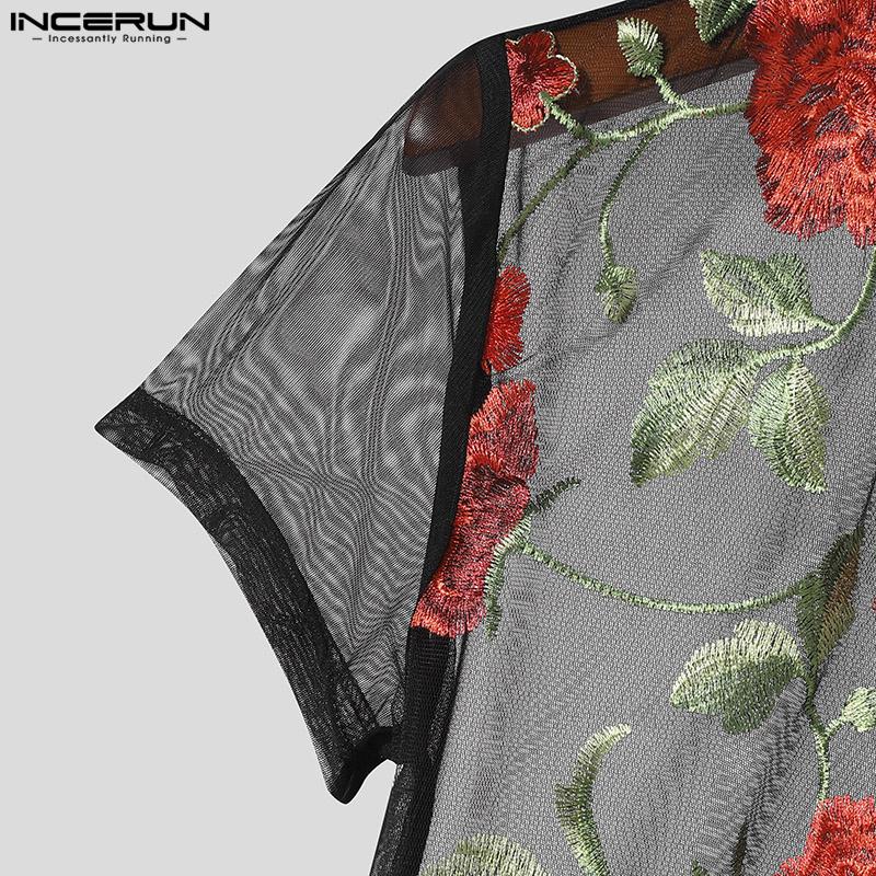 INCERUN Мужские прозрачные боди с коротким рукавом и прозрачной цветочной вышивкой
