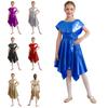 Girls Praise Dance Metallic Tunic Asymmetrical Hem Belted Choir Dress Performance Gown