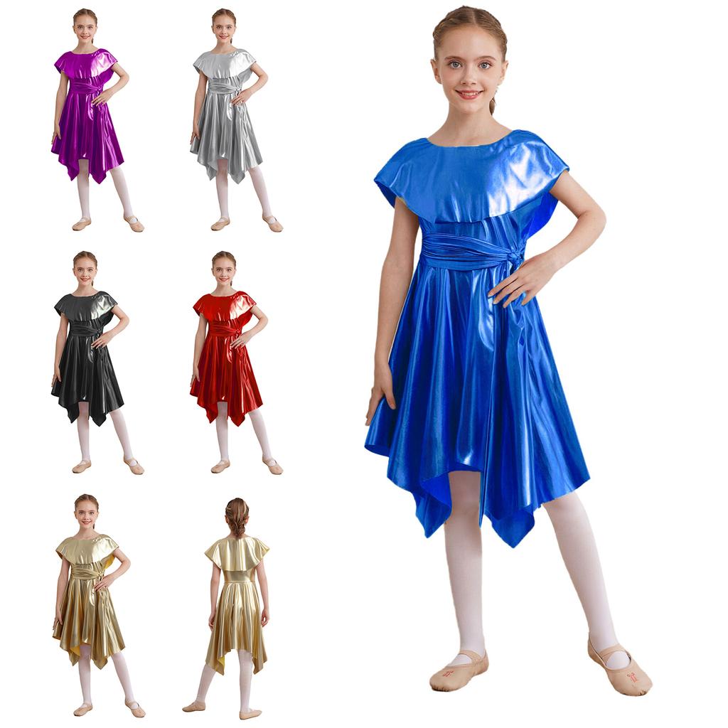 Girls Praise Dance Metallic Tunic Asymmetrical Hem Belted Choir Dress Performance Gown