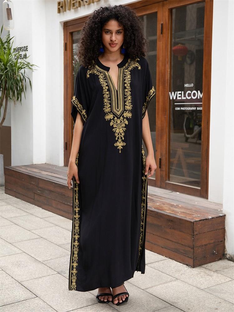 EDOLYNSA 2024 Women's Elegant Premium Gold Thread Embroidery Plus Size Kaftan Dress Summer Sexy Deep V Neck Short Sleeve Beachwear Swimwear Coverups