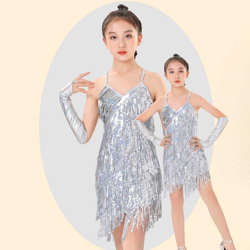 Latin Dance Dress Tassels Salsas Dancewear Sequins Fringe Dress Modern Ballroom Cha Cha Dancer Outfits for Kids Girls