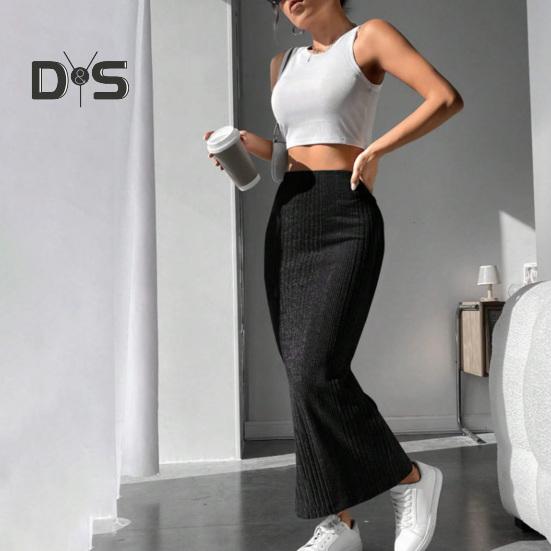 Women Fall Winter Skirt High Waist Knitted Elastic Thick Warm Ankle Length Striped Slim Fit Soft Sheath Lady Maxi Skirt