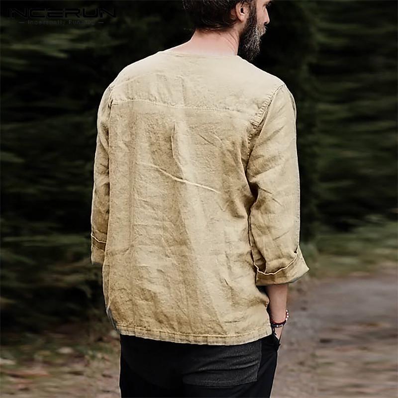 Мужская хлопковая винтажная рубашка без пуговиц INCERUN