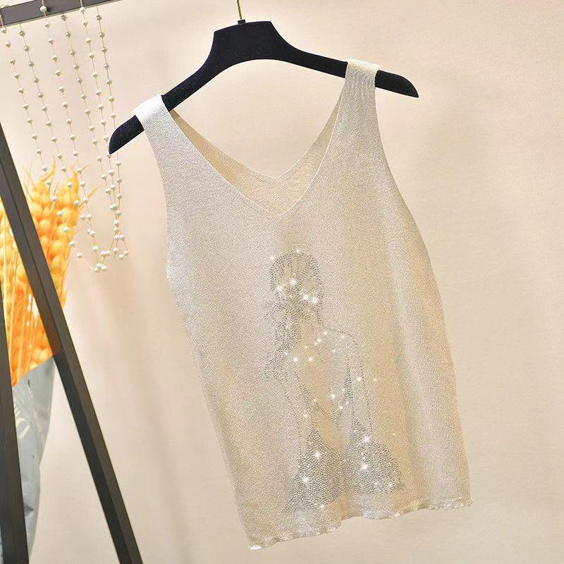 2023 Блестящий шелковый женский жилет без рукавов с V-образным вырезом - Новый стиль весна/лето, свободный крой с вязаным дизайном на бретелях с горячими бриллиантами
