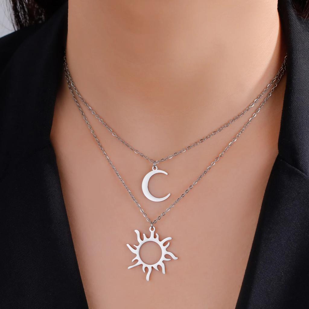 Sun Totem and Moon Pendant Necklace Women Fashion Stainless Steel Clavicle Chain Jewelry Friends Gift