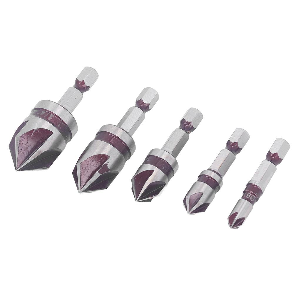5PCS Countersink Drill Bits 82 Degree 5 Flute Hex Shank Drill Bit Set High Speed Steel Wood Punch