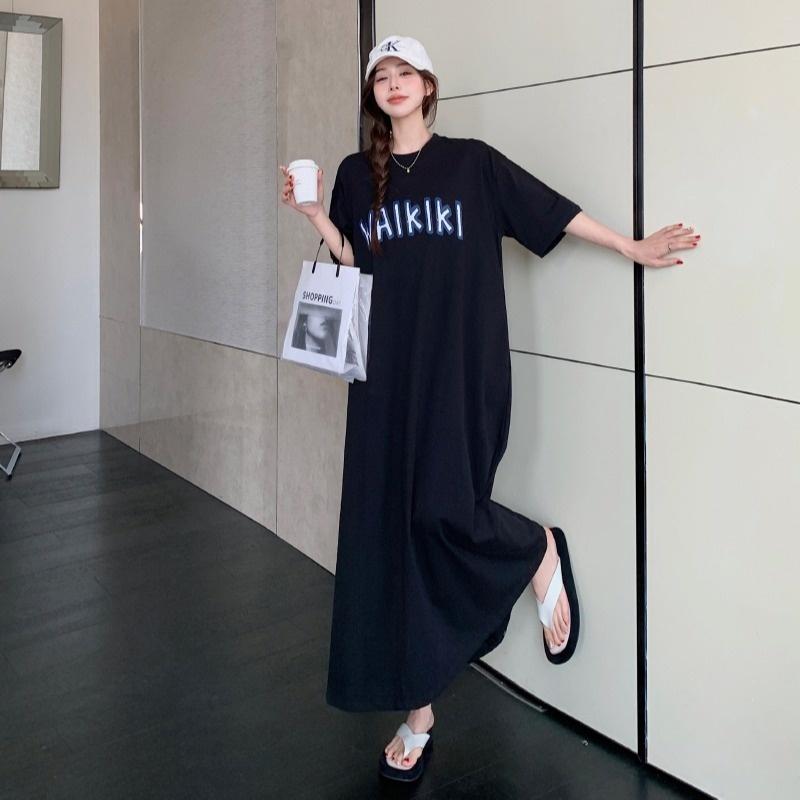 Женское платье-футболка с короткими рукавами и круглым вырезом, большого размера, свободного кроя, длинное, в стиле кэжуал, длиной до колена, для сна