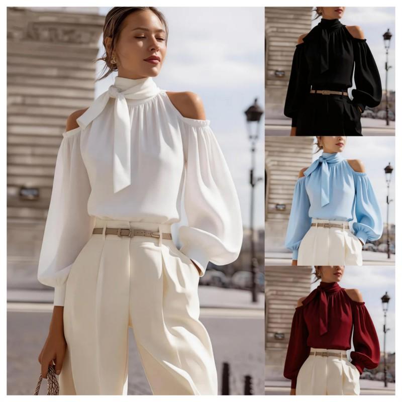 2026 Womens Stand Collar Blouse With Shoulder Cutout Puffed Sleeve Elegant Office Wear