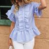 Summer women's buttoned lace skirt short-sleeve casual ruffled blue shirt
