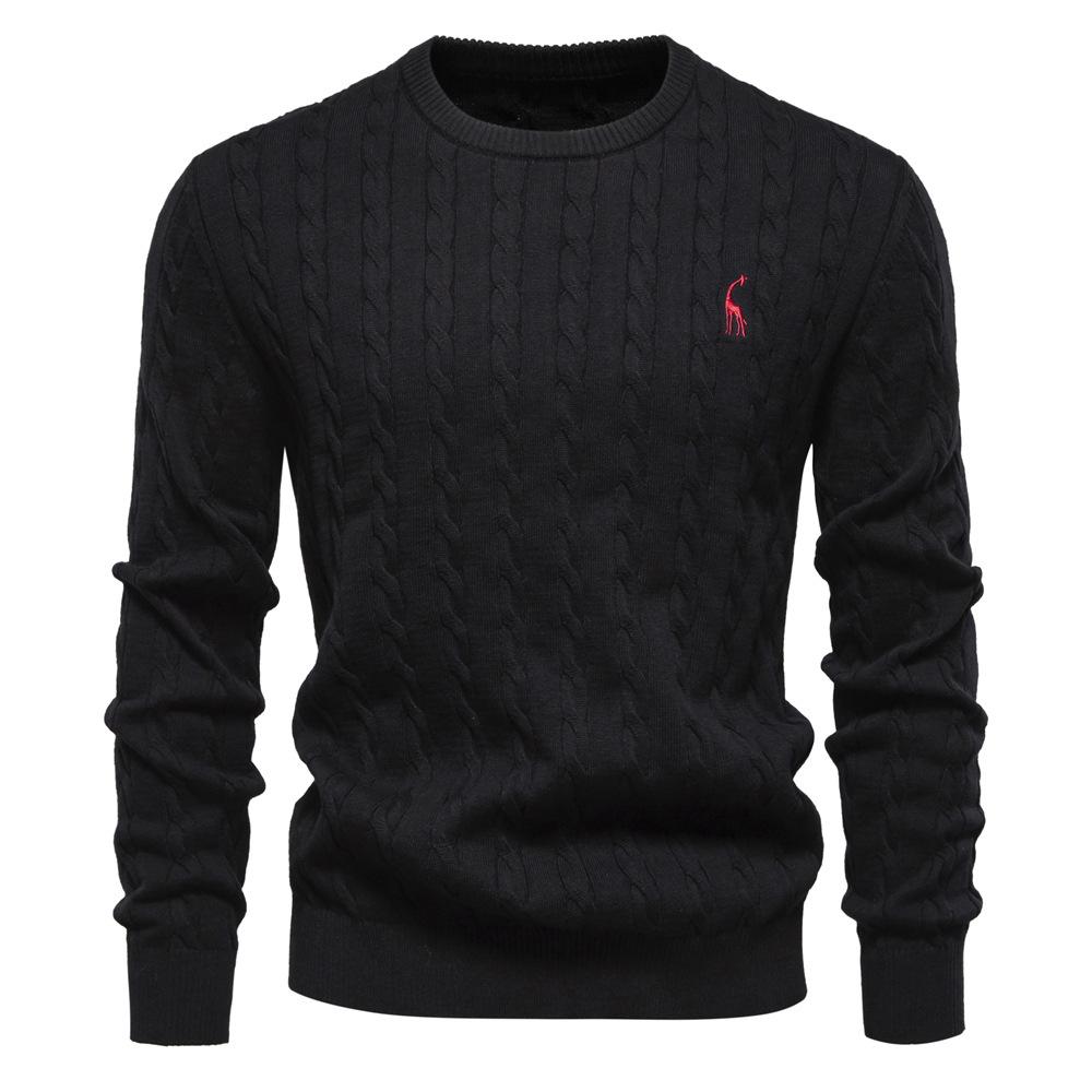 Men's Autumn Winter Solid Knitted Crew Neck Sweater Fashion Casual Deer Embroidery Pullover
