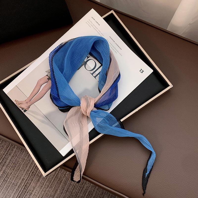 Folded Silk Scarf Women's Spring and Summer New Thin Scarf Small Scarf Versatile Fashion Commuter Color Matching Small Shawl Tied Bag Streamer