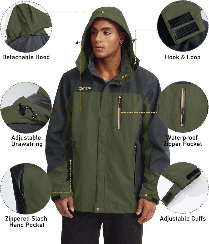 Demi-season Long Jacket Men's Hooded Windproof Water Resistant Rain Jacket Windbreaker 5 Pockets for Hiking,Fishing,Travel